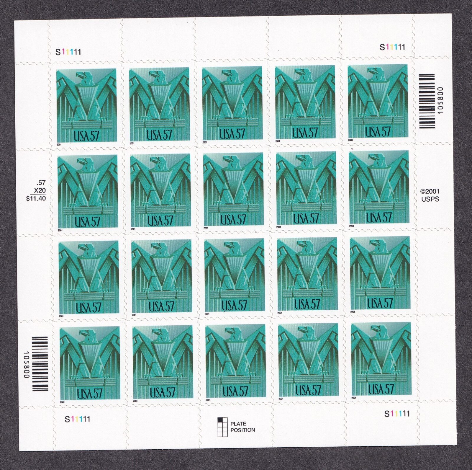 Scott #3471A Eagle Art Deco Sheet of 20 57¢ Stamps MNH P#S11111 in Vario Page