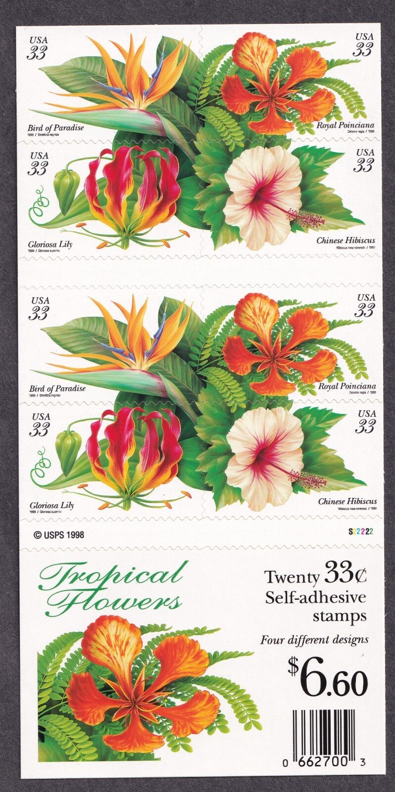 Scott #3313b Tropical Flowers Booklet of 20 Stamps - MNH P#S22222