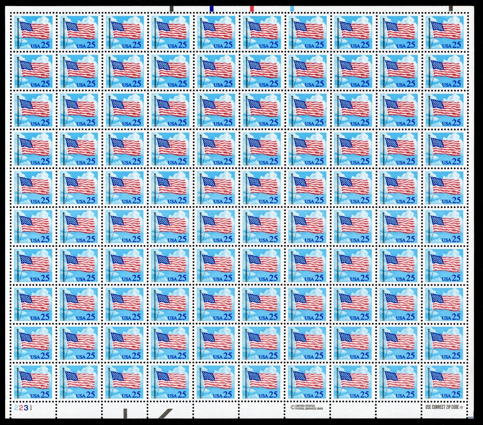 Scott #2278 Flag Over Clouds Sheet of 100 Stamps - MNH P#2231 LL
