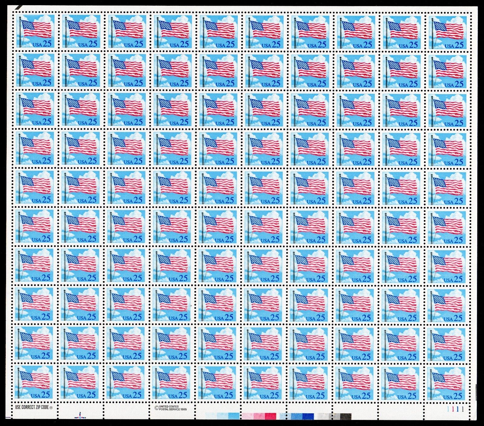 Scott #2278 Flag Over Clouds Sheet of 100 Stamps - MNH P#1111 LR