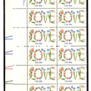 Scott #1951A Love Flowers Plate Block of 20 Stamps - MNH in mount
