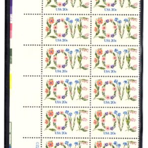 Scott #1951 Love Flowers Plate Block of 20 Stamps - MNH UL in mount