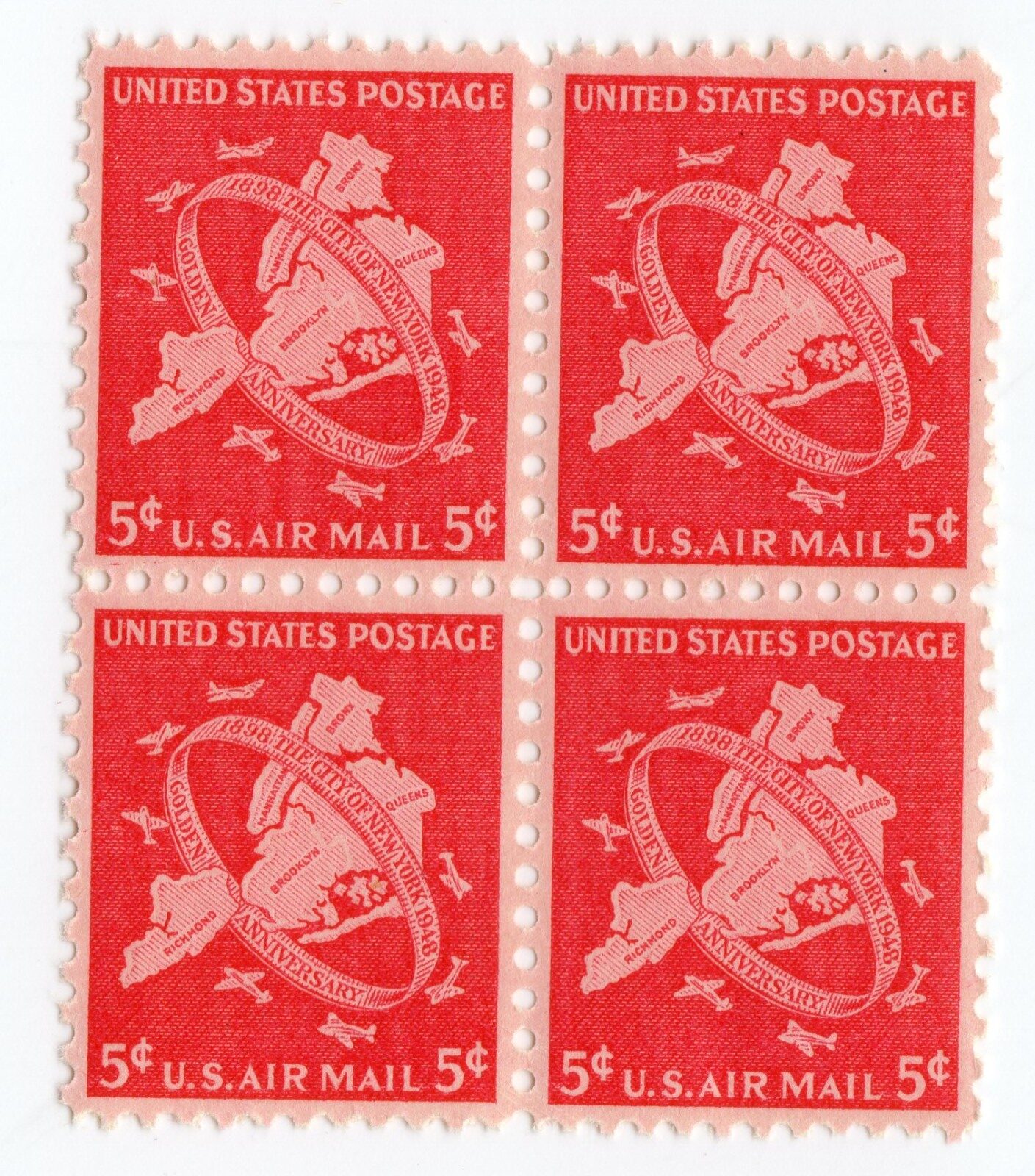 Scott #c38 Map of 5 Buroughs Airmail Block of 4 Stamps - MNH