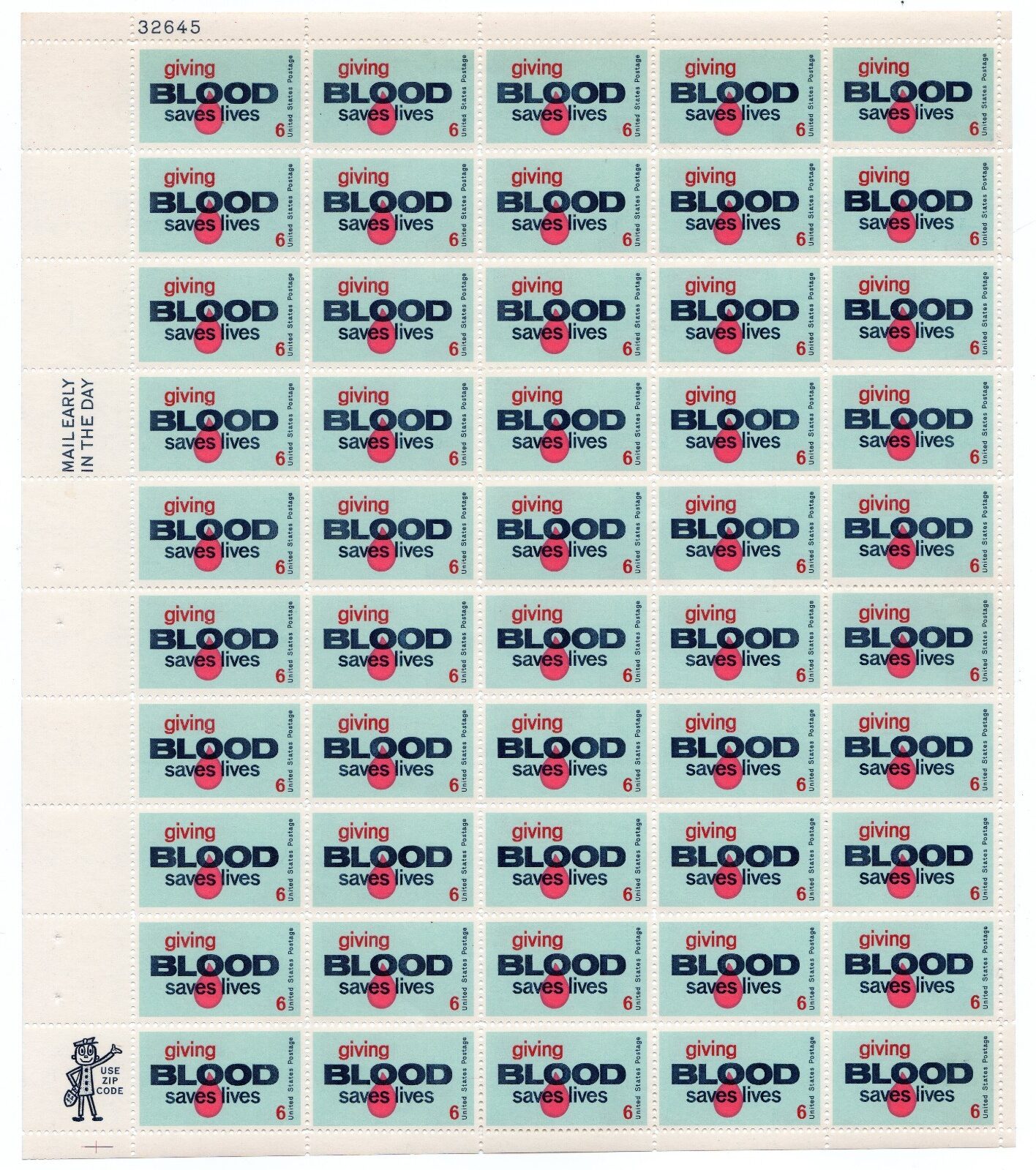Scott #1425 Giving Blood Sheet of 50 Stamps - MNH P#32645 UL