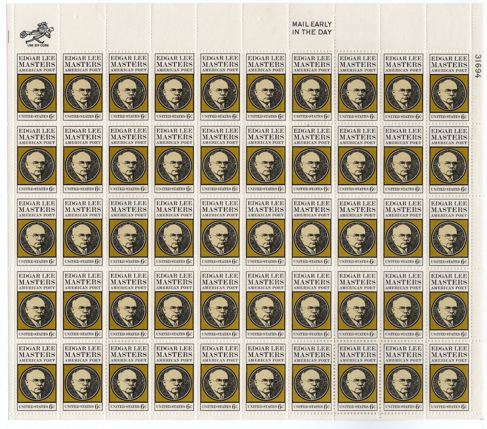 Scott #1405 Edgar Lee Masters Sheet of 50 Stamps - MNH P#31694 UR