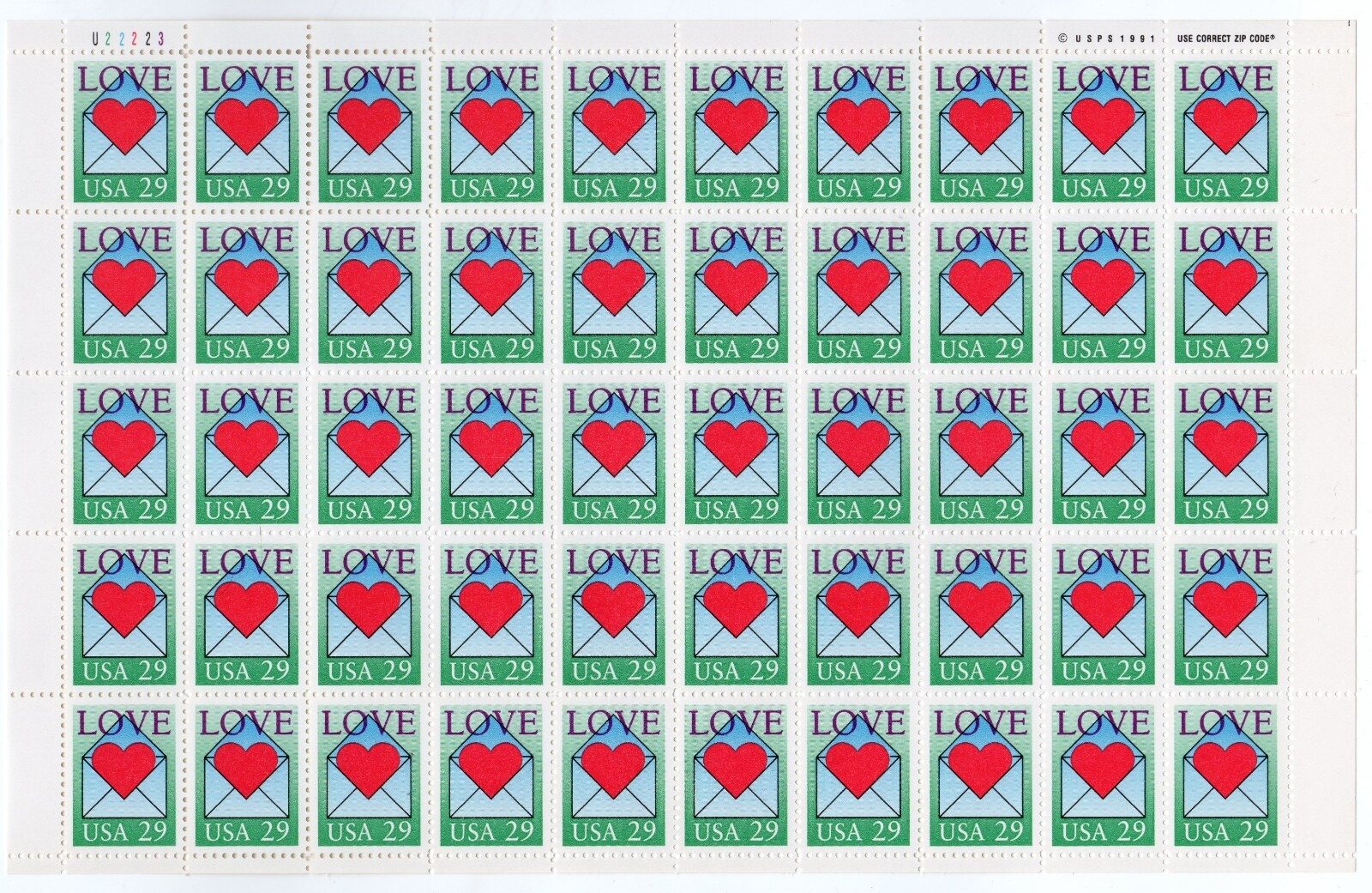 Scott #2618 LOVE Heart in Envelope Sheet of 50 Stamps - MNH P#U22223 UL