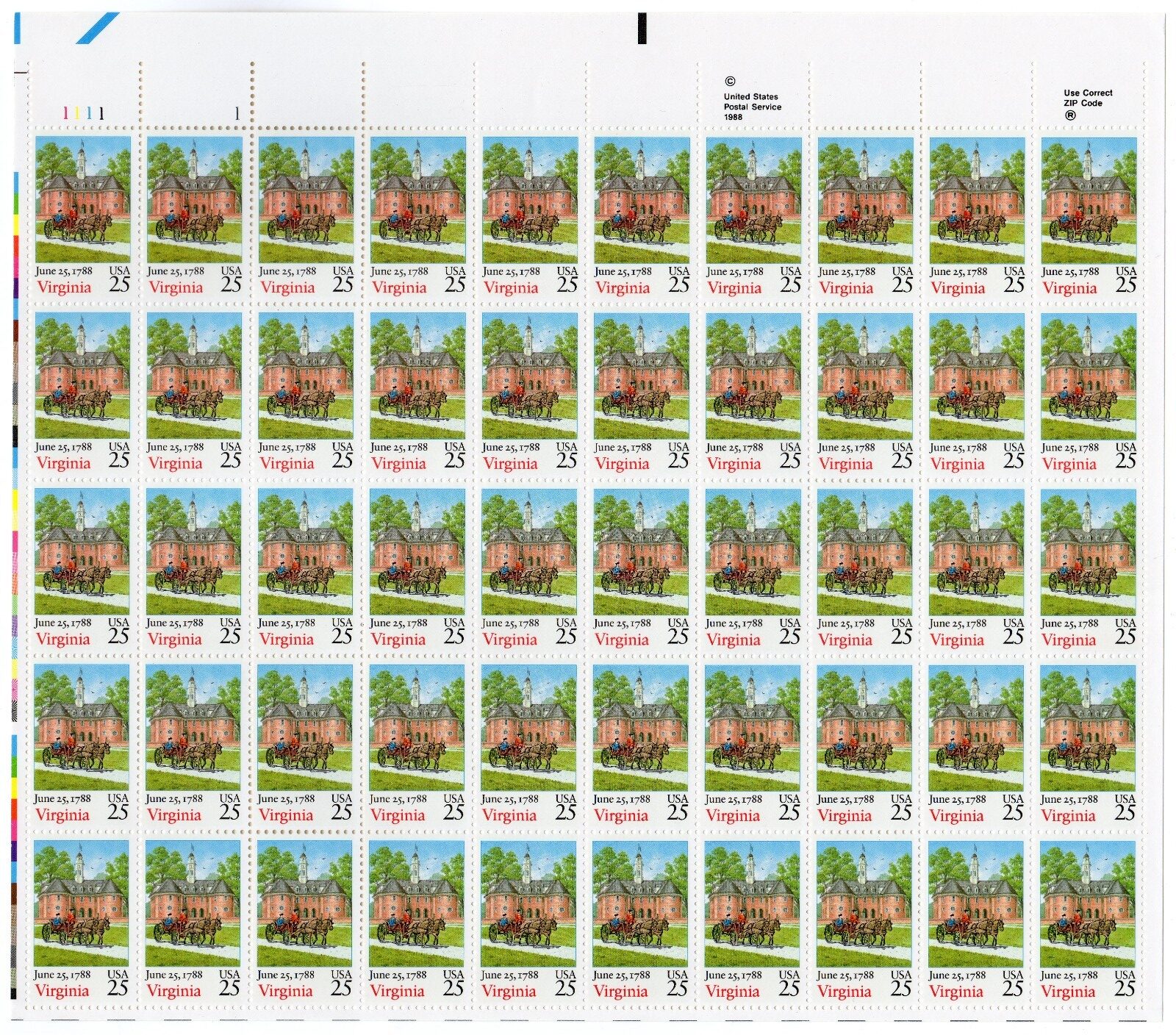 Scott #2345 Virginia Sheet of 50 Stamps - MNH P#1111-1 UL