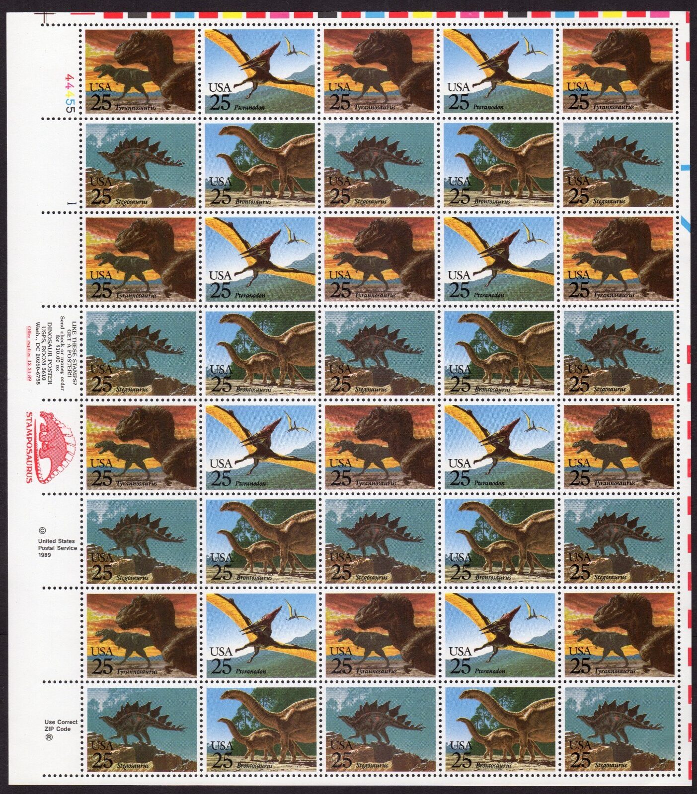 Scott #2425b (2422-25) Dinosaurs Sheet of 40 Stamps - MNH