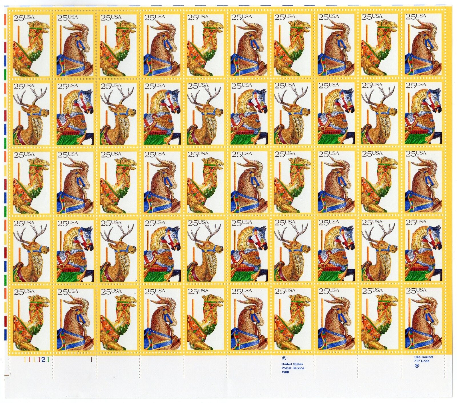 Scott #2393a (2390-93) Carousel Animals Sheet of 50 Stamps - MNH