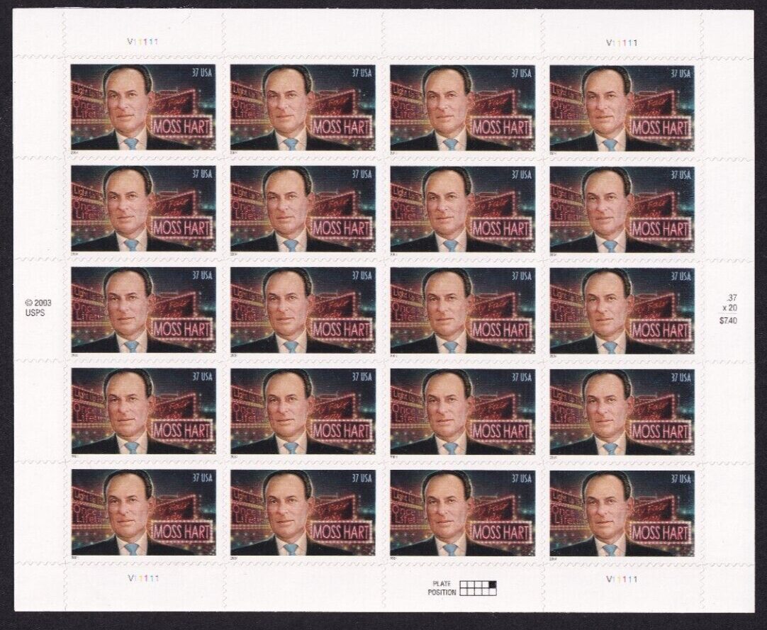 Scott #3882 Moss Hart (Broadway, Theatre) Full Sheet of 20 Stamps