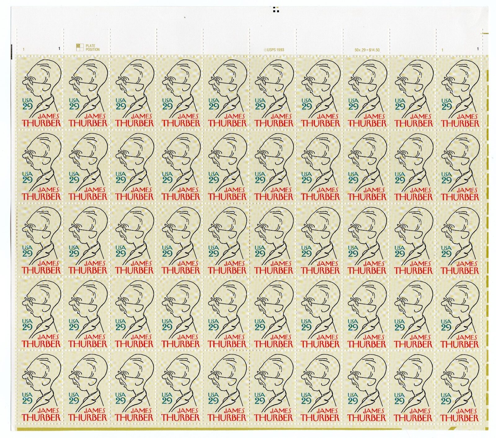 Scott #2862 James Thurber Sheet of 50 Stamps - MNH P#1-1