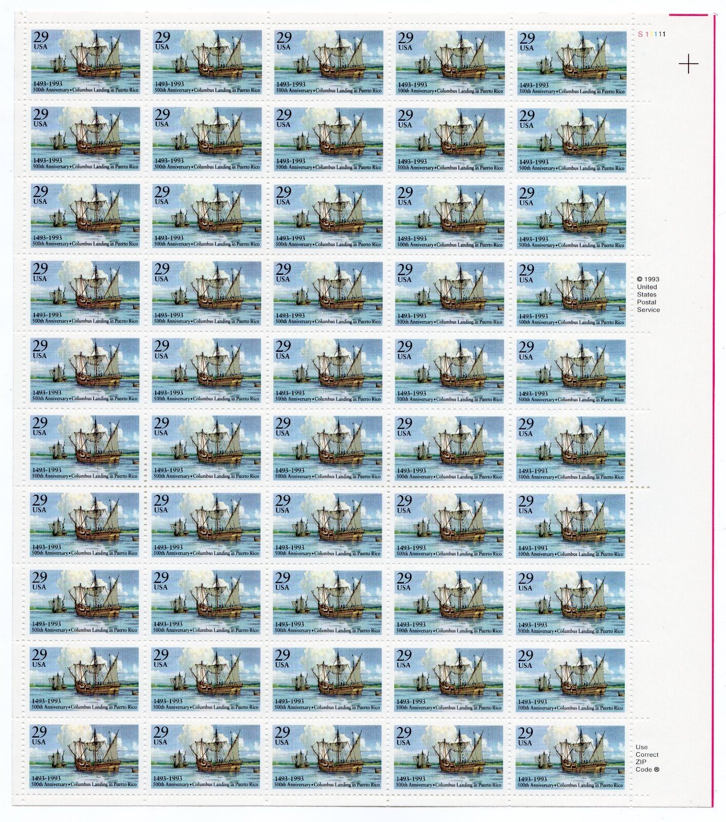 Scott #2805 Columbus - Puerto Rico Sheet of 50 Stamps - MNH UR