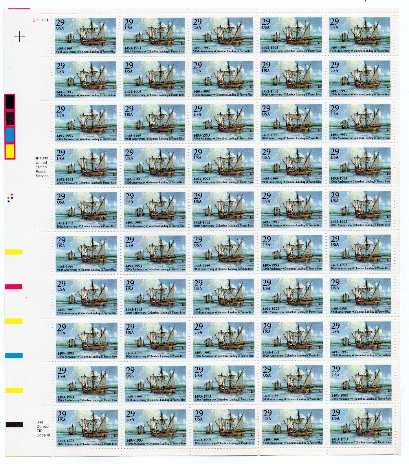 Scott #2805 Columbus - Puerto Rico Sheet of 50 Stamps - MNH UL
