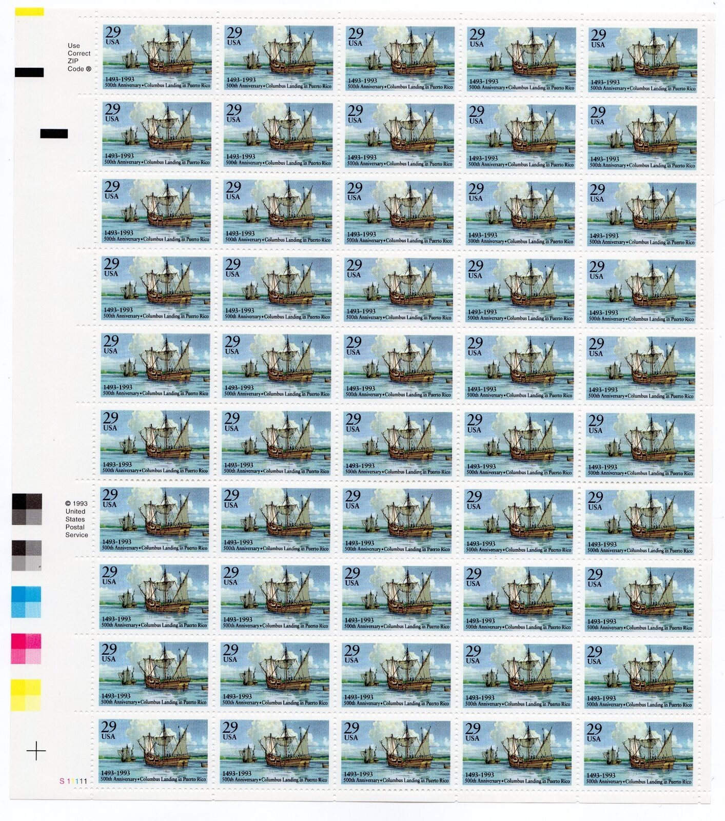 Scott #2805 Columbus - Puerto Rico Sheet of 50 Stamps - MNH LL