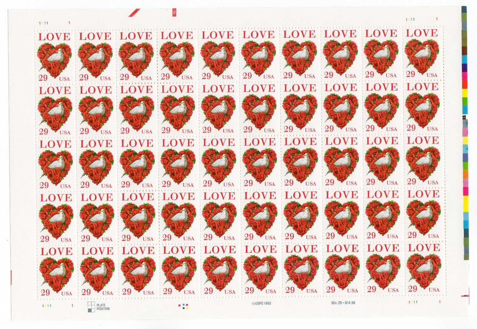 Scott #2814C Love (Dove, Roses, Heart) Sheet of 50 Stamps - MNH Diag
