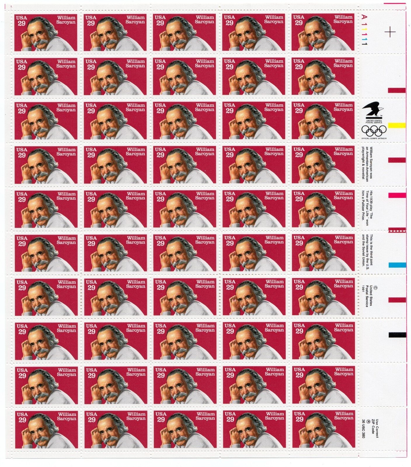 Scott #2538 William Saroyan Sheet of 50 Stamps - MNH UR