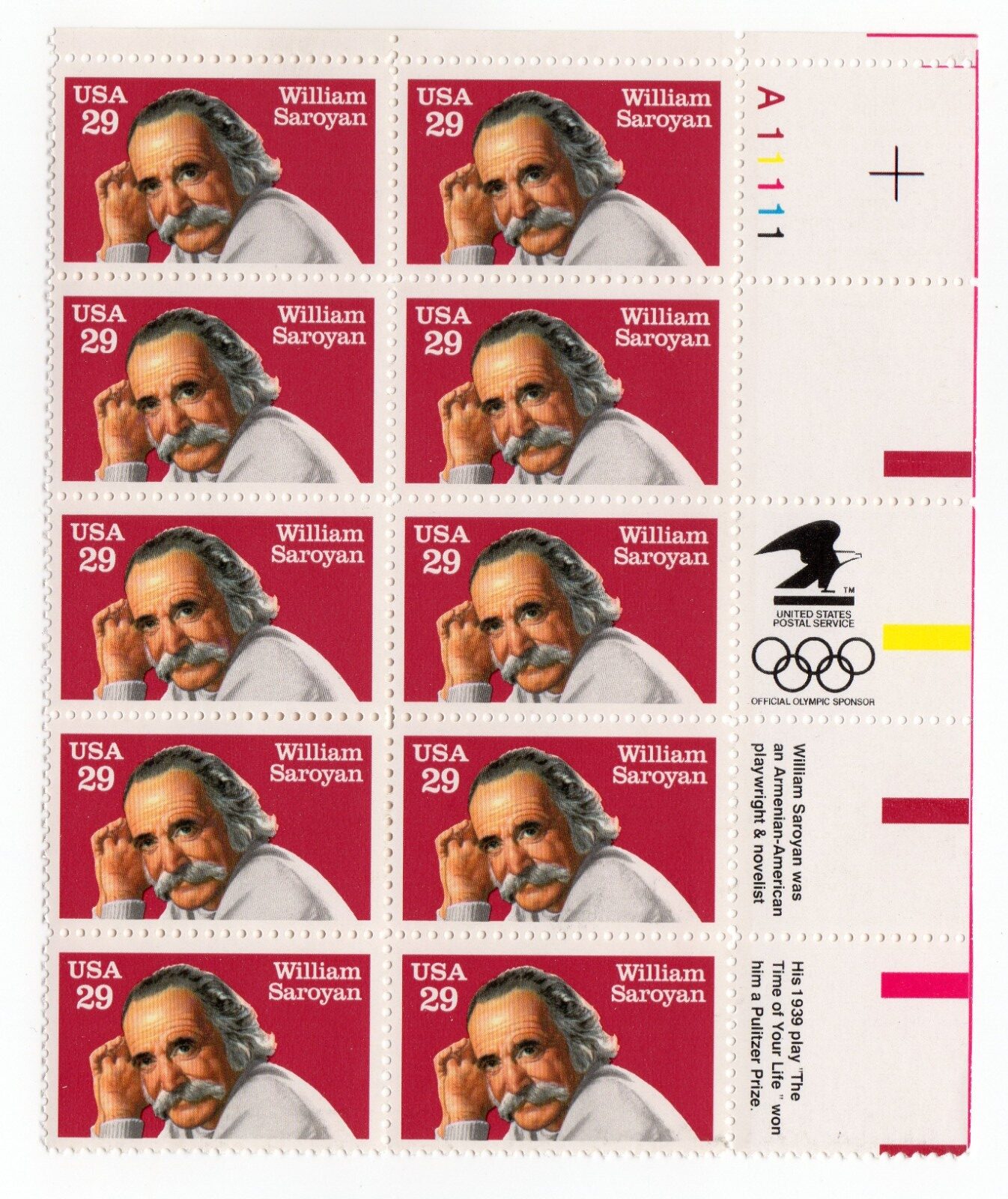 Scott #2538 William Saroyan Plate Block of 10 Stamps - MNH UR