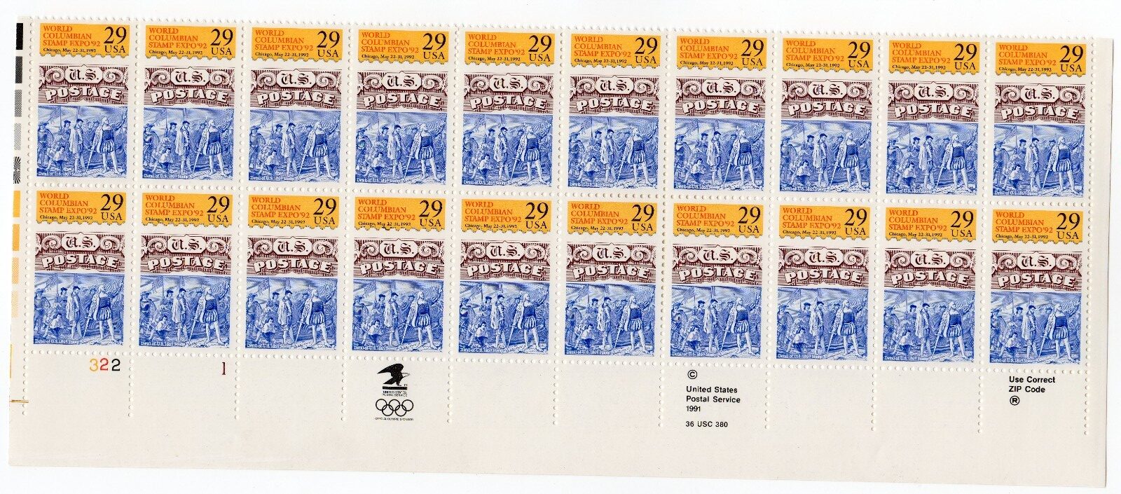 Scott #2616 World Columbian Expo Plate Block of 20 Stamps - MNH LL
