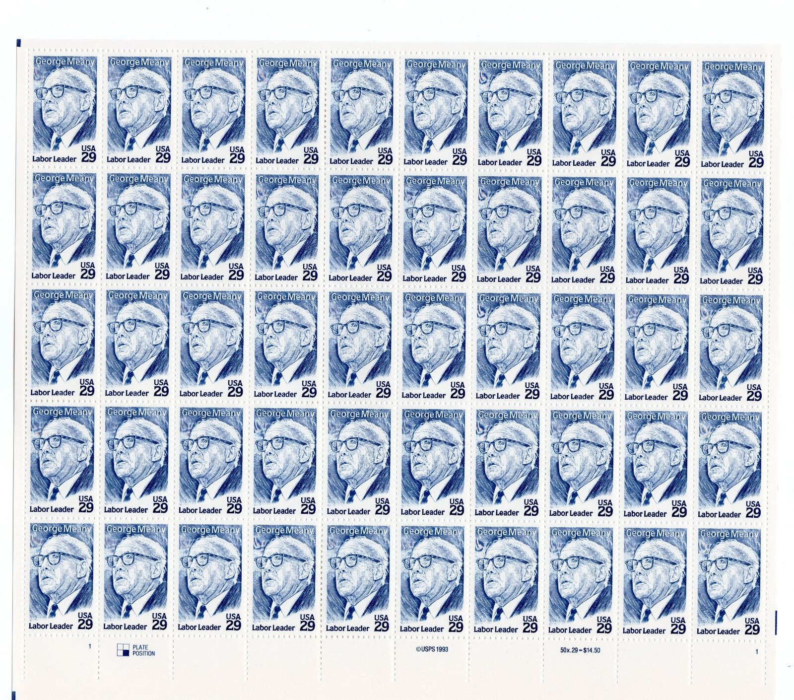 Scott #2848 George Meany Sheet of 50 Stamps - MNH LR