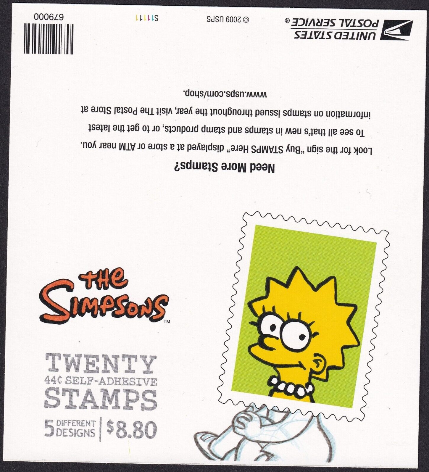 Scott #4403b 44¢ Simpsons Booklet of 20 Stamps - MNH Lisa on Back