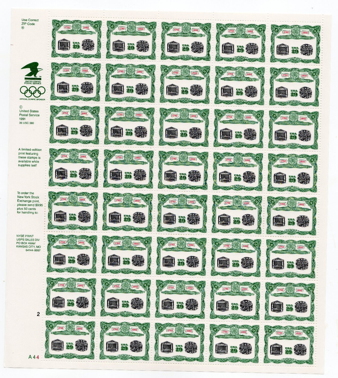 Scott #2630 New York Stock Exchange Sheet of 40 Stamps - MNH P#A44-2 LL