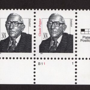 Scott #3426 Claude Pepper Single 33¢ Plate # Pair of Stamps - MNH LR