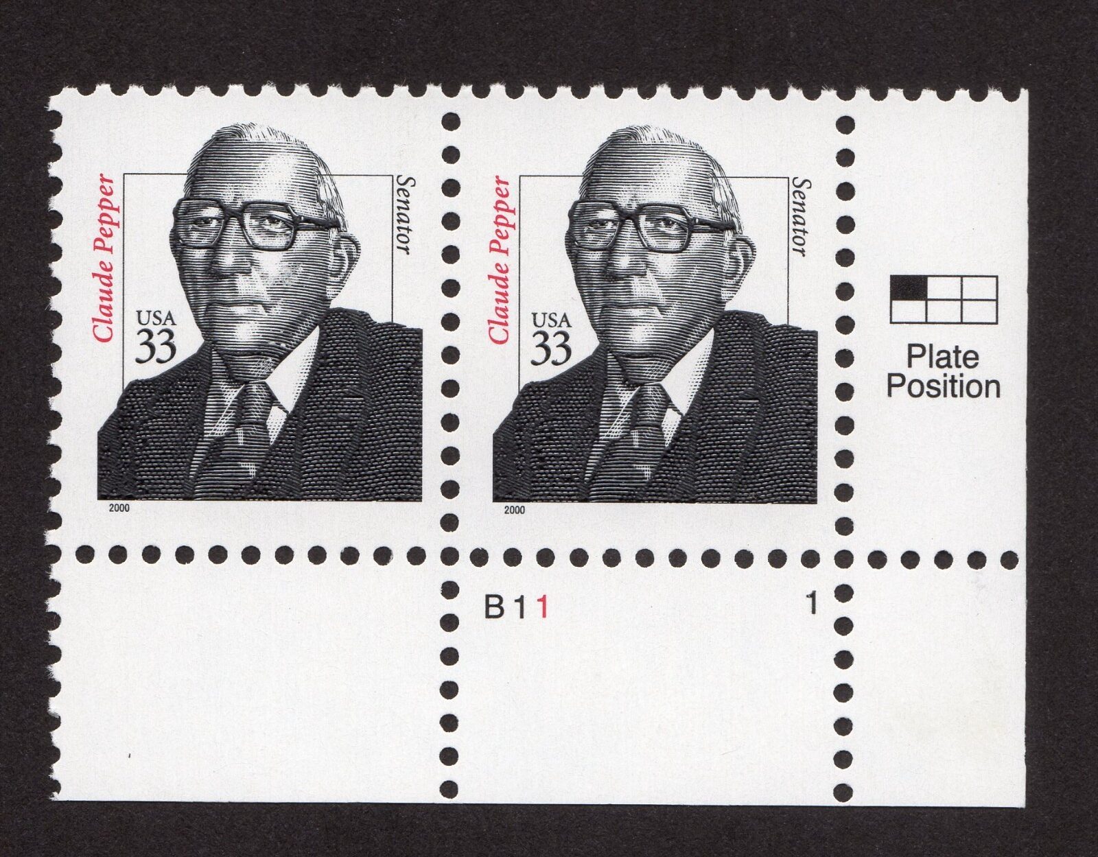 Scott #3426 Claude Pepper Single 33¢ Plate # Pair of Stamps - MNH LR