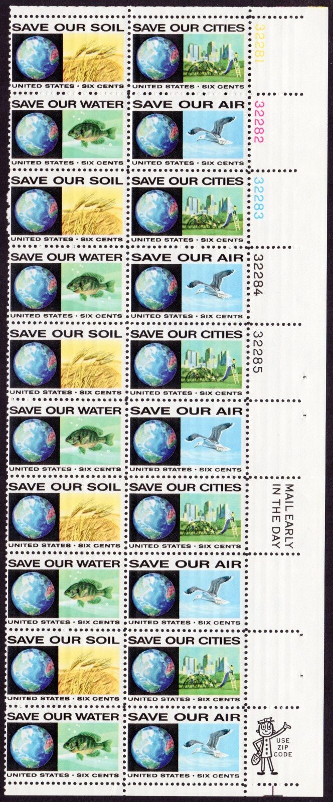 Scott #1413a (1410) Save Our Cities Air Water Soil Plate Block 20 Stamps MNH UR