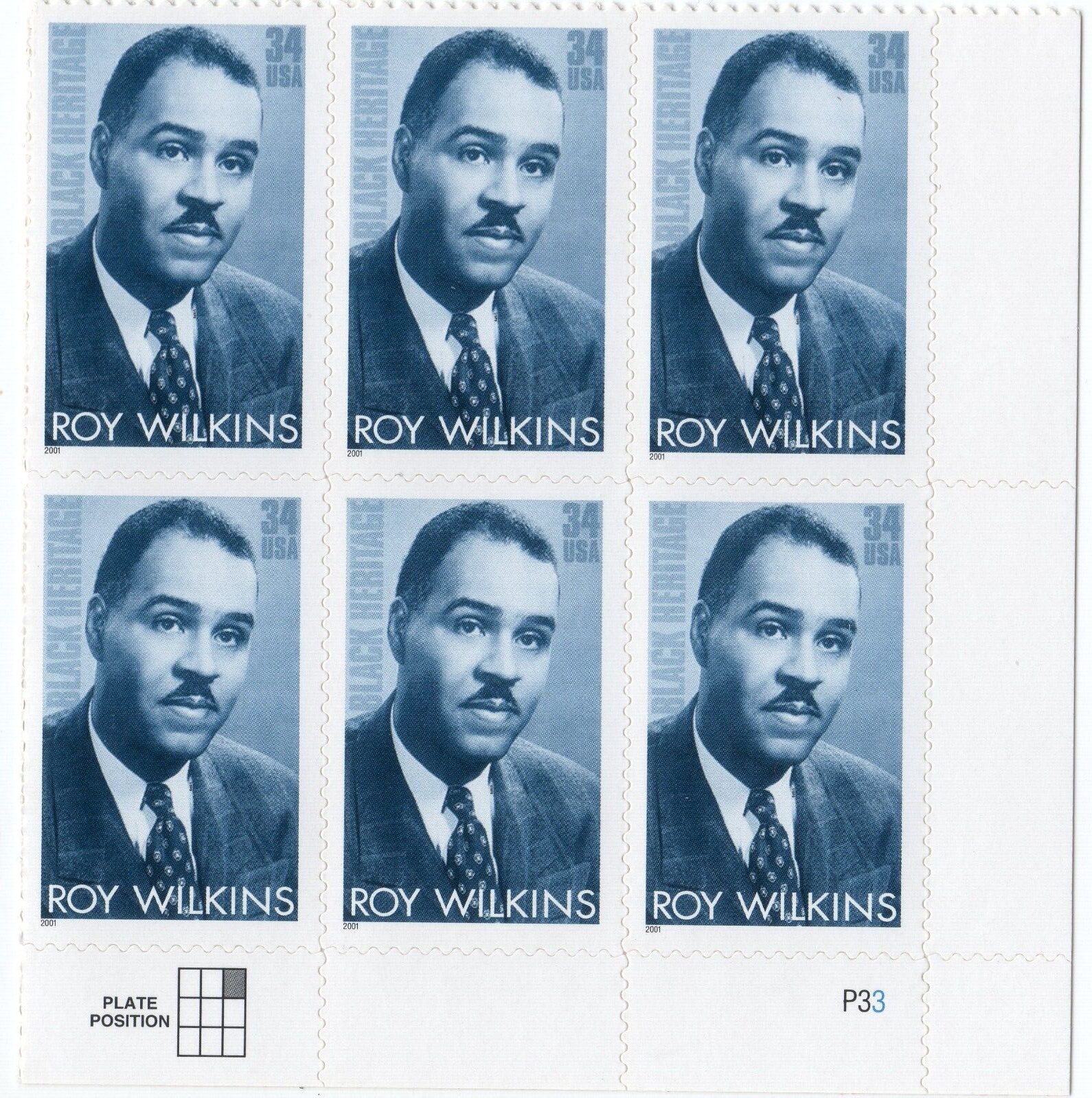Scott #3501 Roy Wilkins (Black Heritage) Plate Block of 6 Stamps - MNH