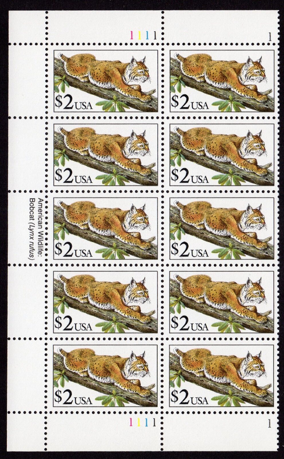 Scott #2482 $2 Bobcat Plate Block (Half Sheet) of 10 Stamps - MNH P#1111-1 Left
