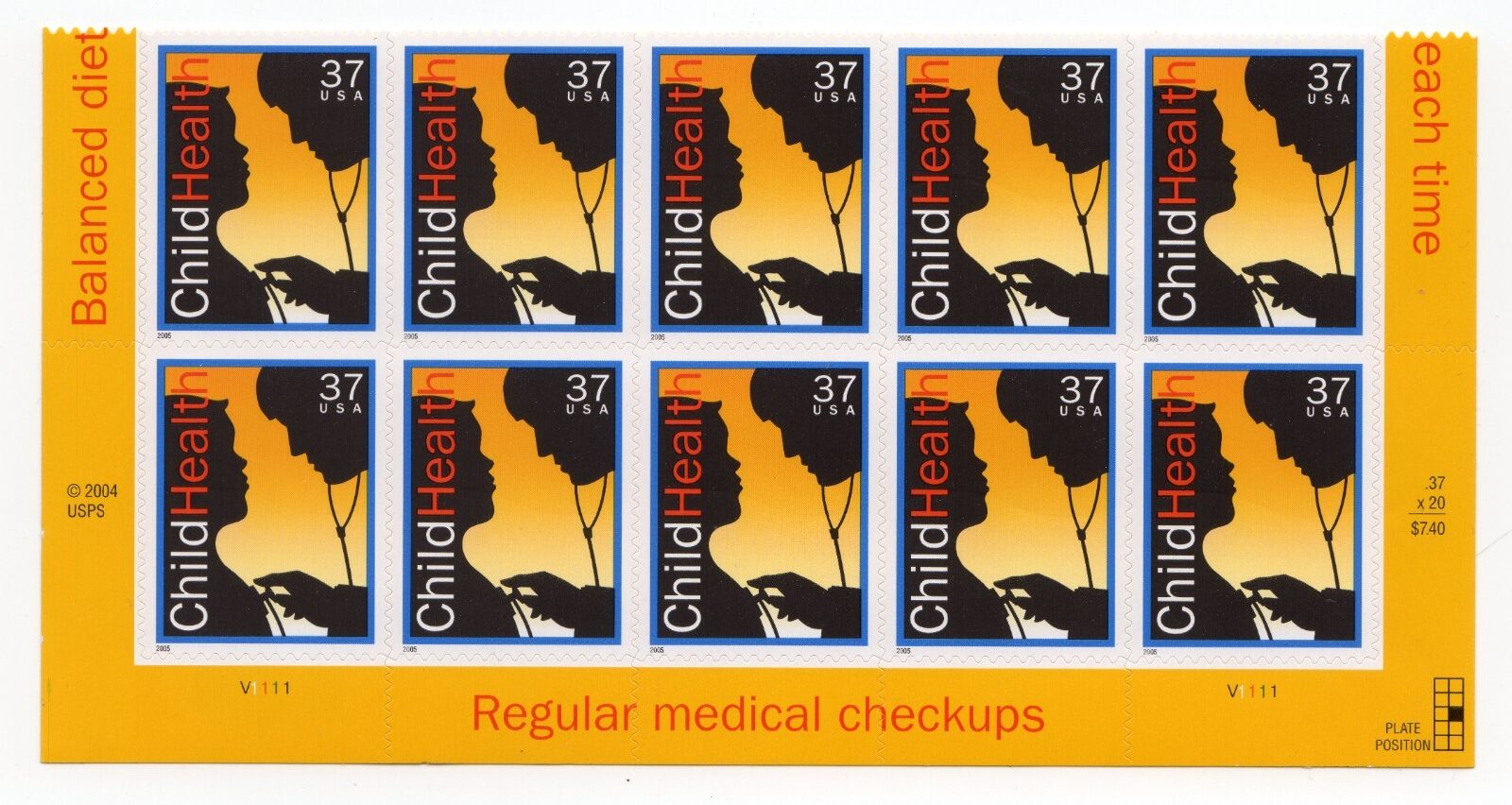 Scott #3938 Child Health Plate Block of 10 Stamps - MNH Bottom