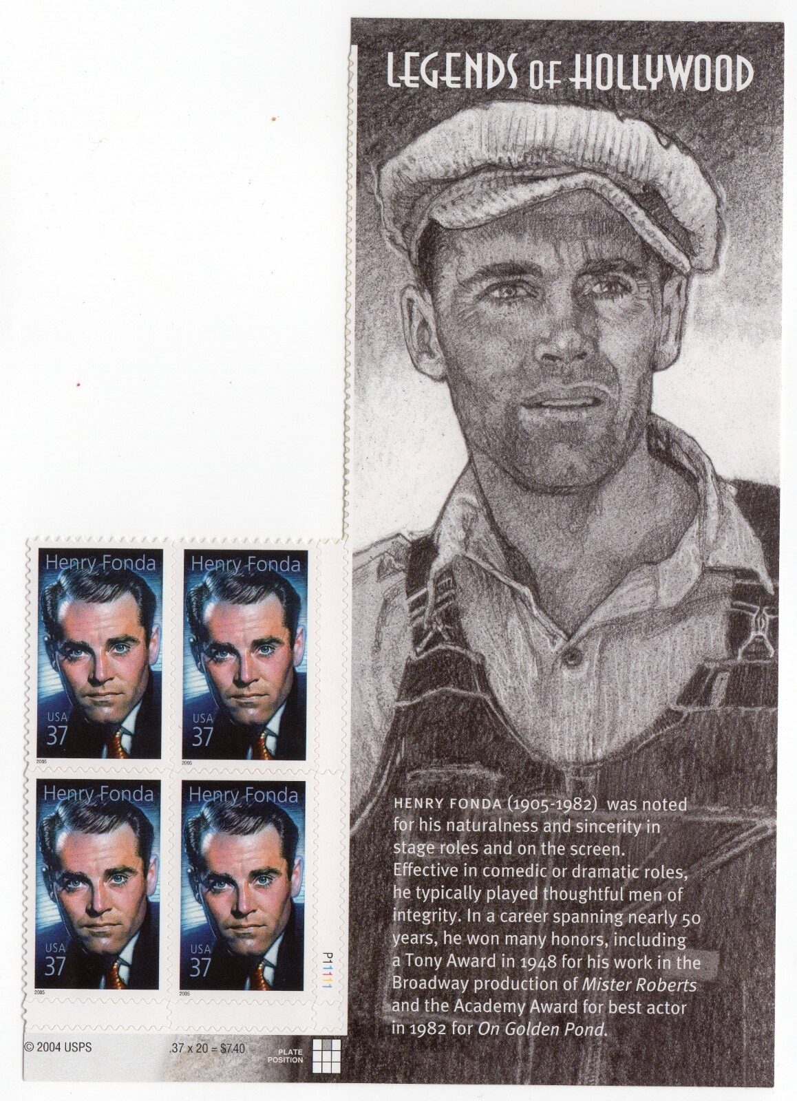 Scott #3911 Henry Fonda Legends of Hollywood Title Plate Block of 4 Stamps - MNH