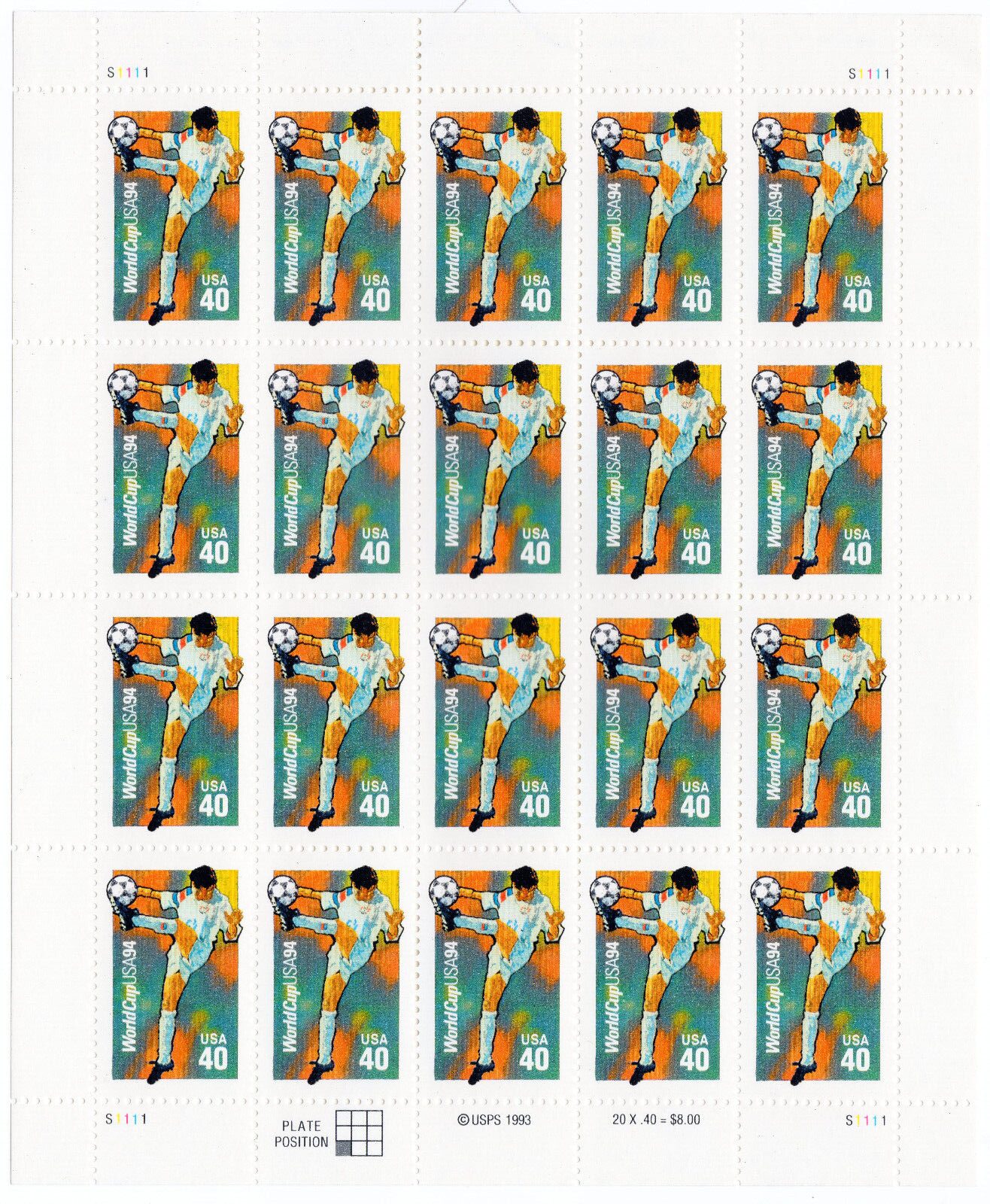Scott #2835 World Cup Soccer 40c Sheet of 20 Stamps - MNH