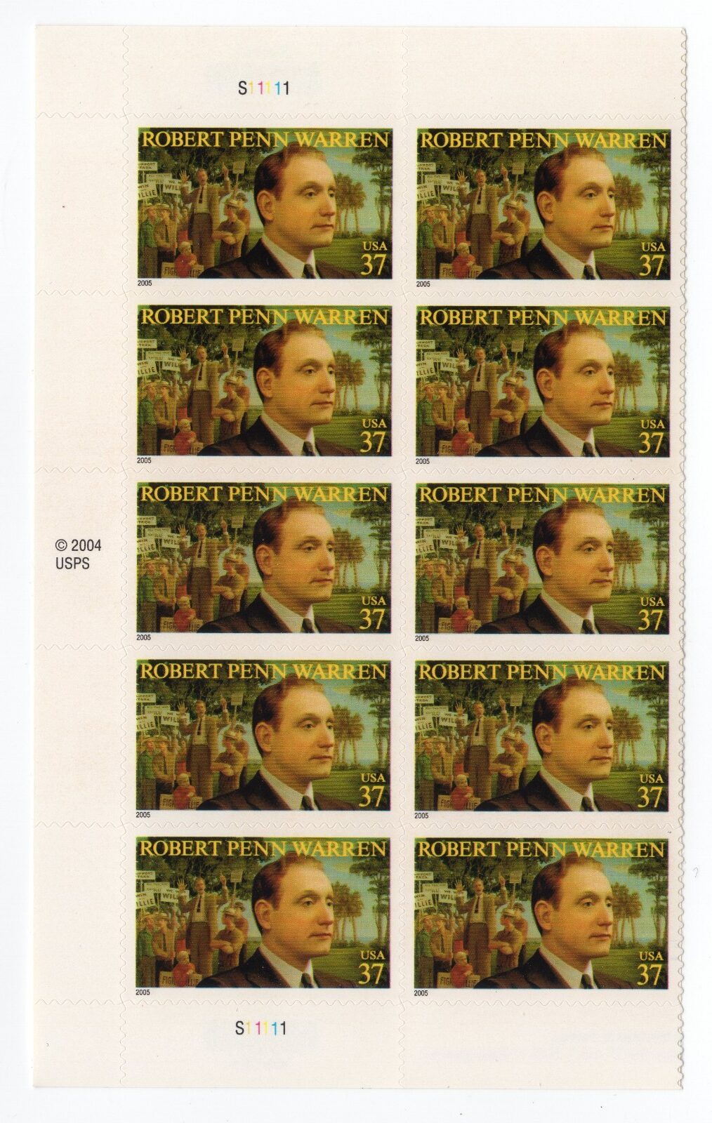 Scott #3904 Robert Penn Warren Plate Block of 10 Stamps - MNH Left