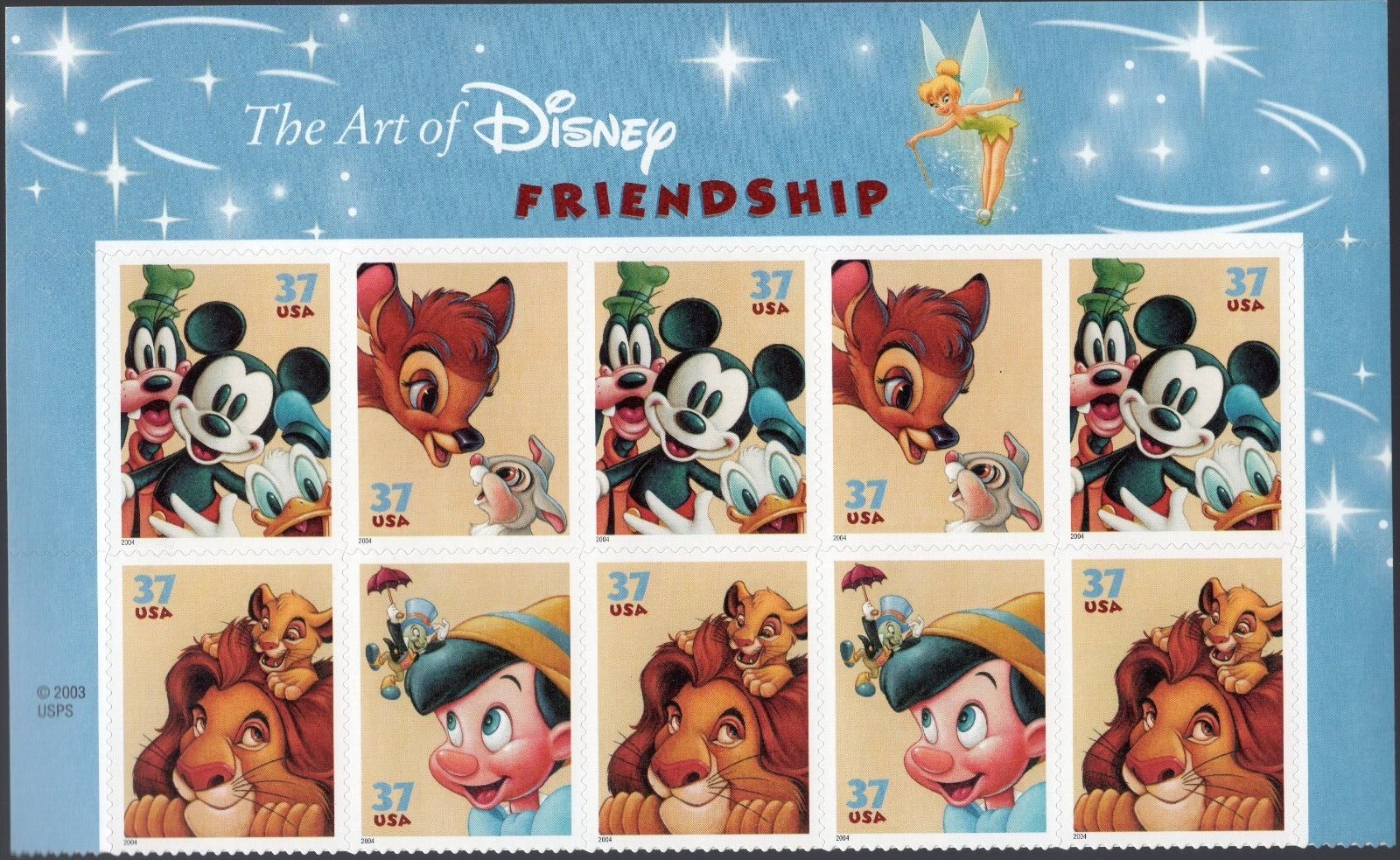 Scott #3868a (3865-3568) Disney Friendship Title Block of 10 Stamps - MNH
