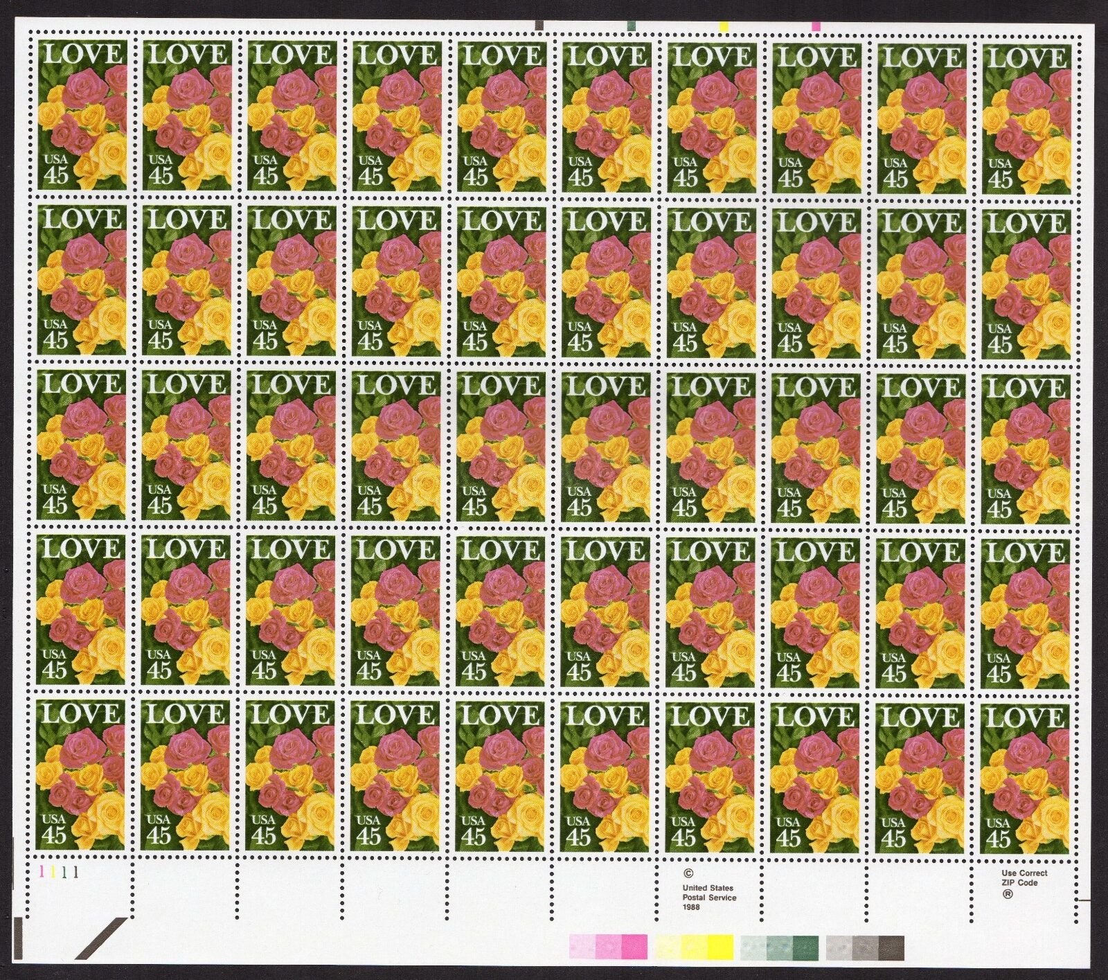 Scott #2379 Love Flowers (Roses) Sheet of 50 Stamps - MNH LL