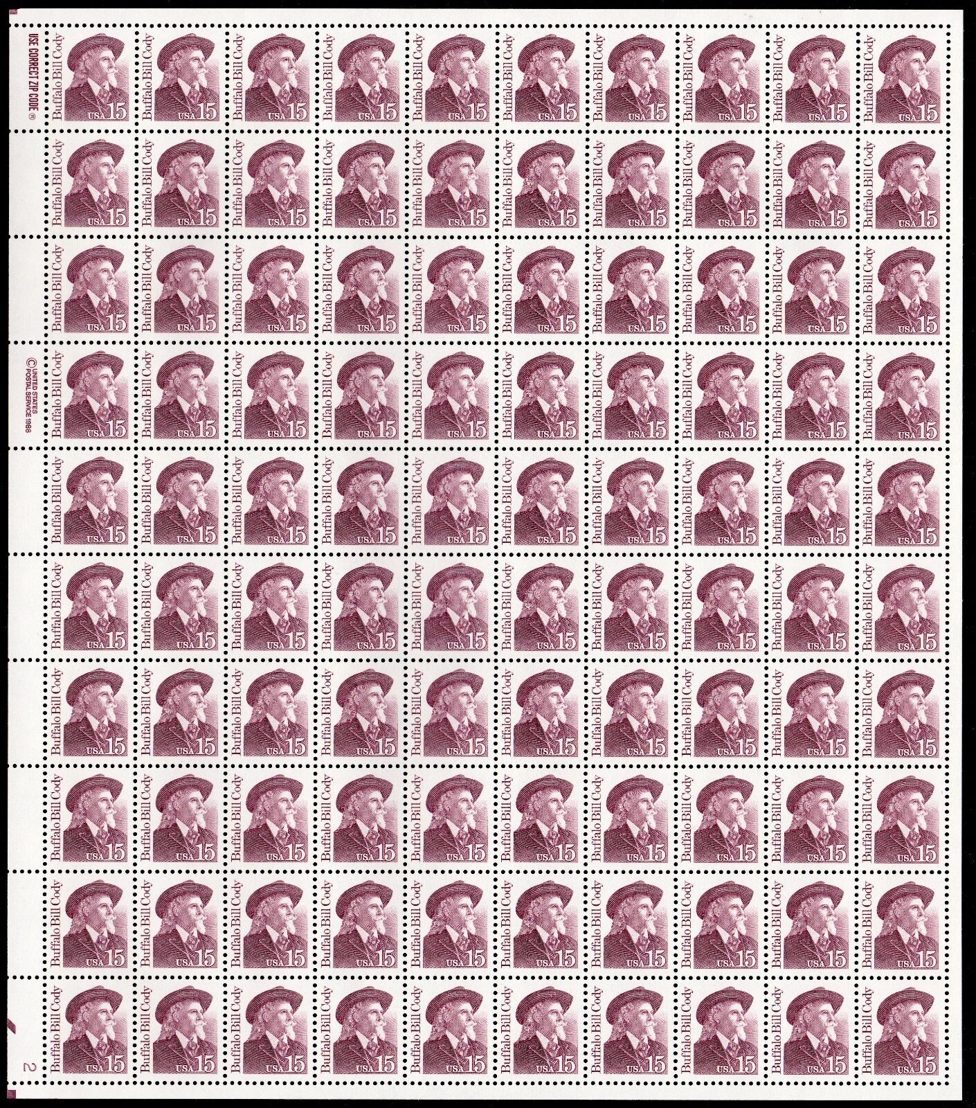 Scott #2177a Buffalo Bill Cody Sheet of 100 Stamps - MNH P#2 LL