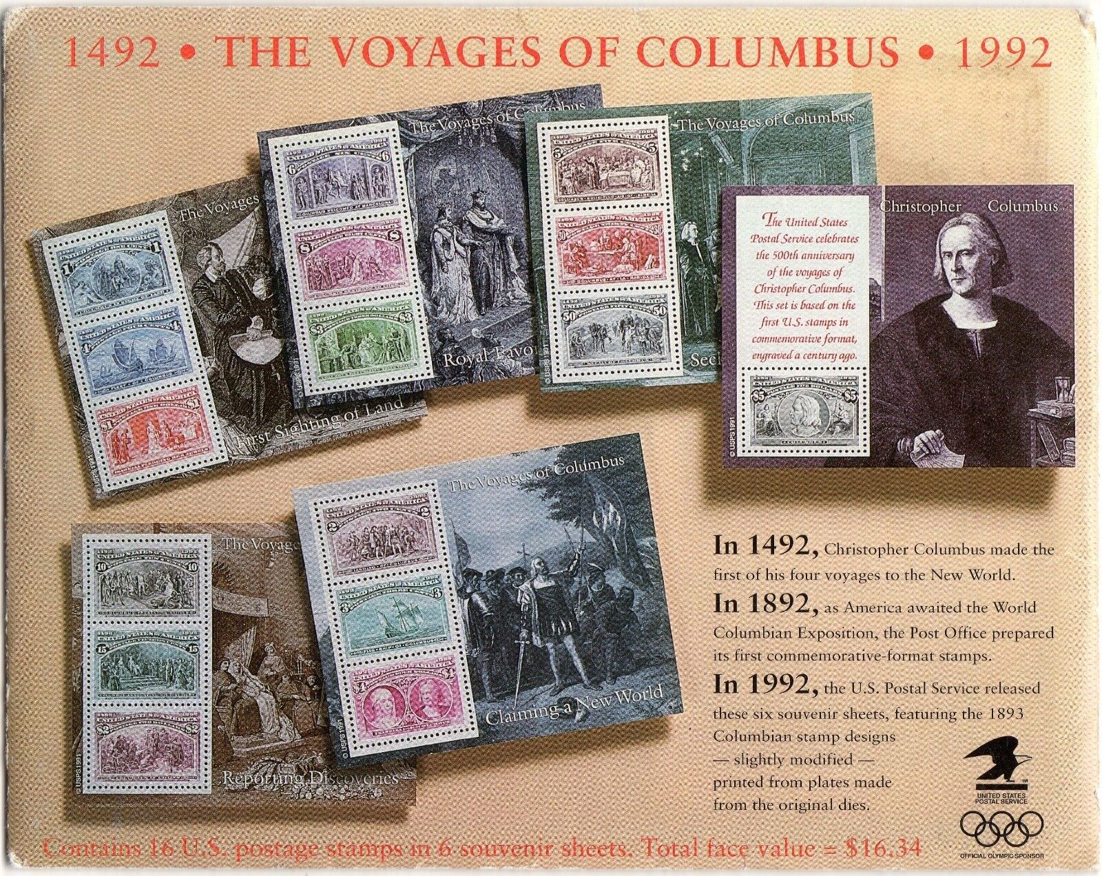 Scott #2629a Set of Six Columbus Stamp Sheets in Original Envelope - PC#5
