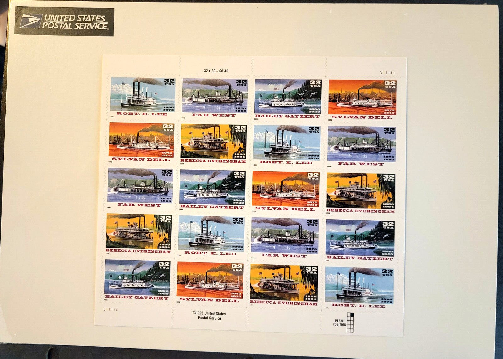 Scott #3091-3095a RiverBoats (Early Cruise Ships) Sheet of 20 Stamps - Sealed
