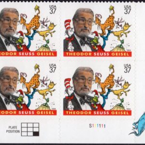 Scott #3835 Dr. Seuss (Cat In the Hat) Plate Block of 4 Stamps - MNH LR