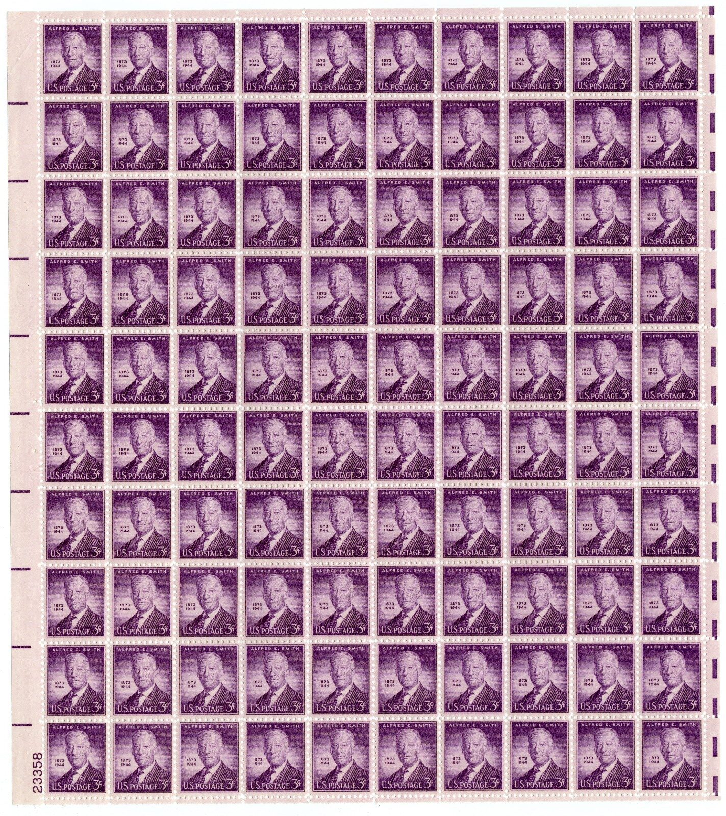 Scott #937 Alfred Smith New York Full Sheet of 100 Stamps - MNH P#23358 LL
