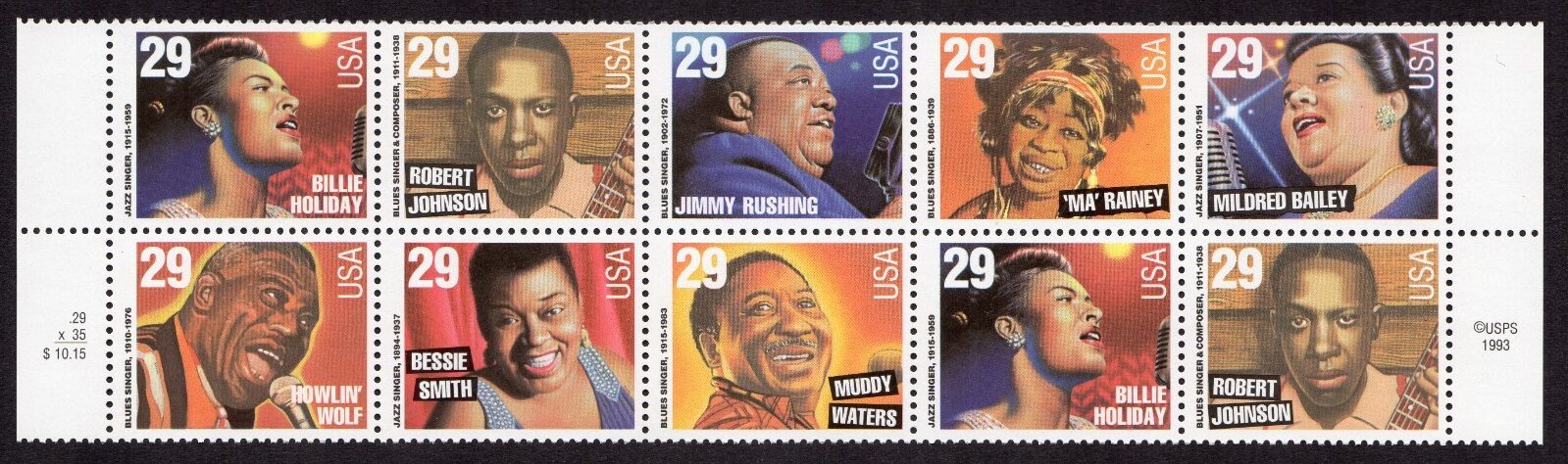 Scott #2861a (2854-61) Jazz and Blues Singers Block of 10 Stamps - MNH w/Price