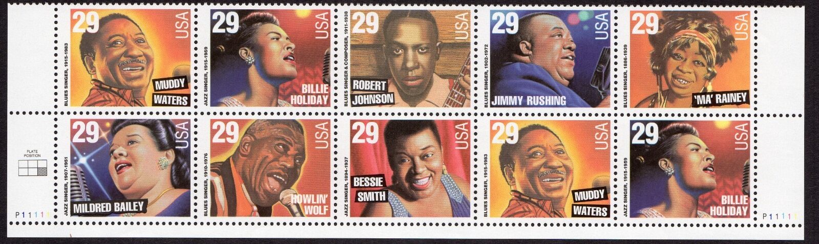Scott #2861a (2854-61) Jazz and Blues Singers Plate Block of 10 Stamps - MNH