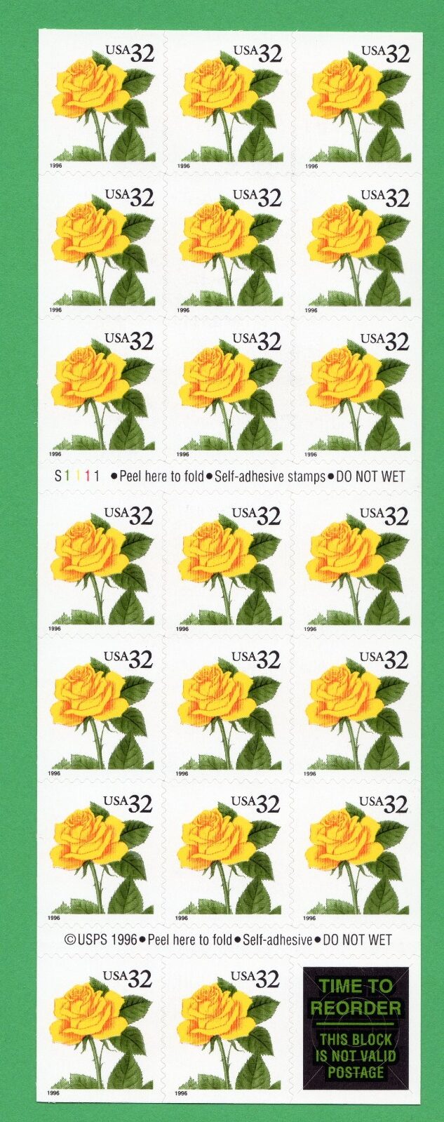 Scott #3049a Yellow Rose Booklet of 20 Stamps - MNH P#S1111 Gift of Life Marrow