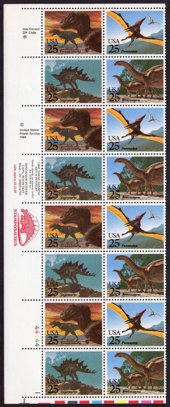 Scott #2422-2425b Dinosaurs Plate Block Stamposaurus 16 Stamps MNH P#44444-1 LL