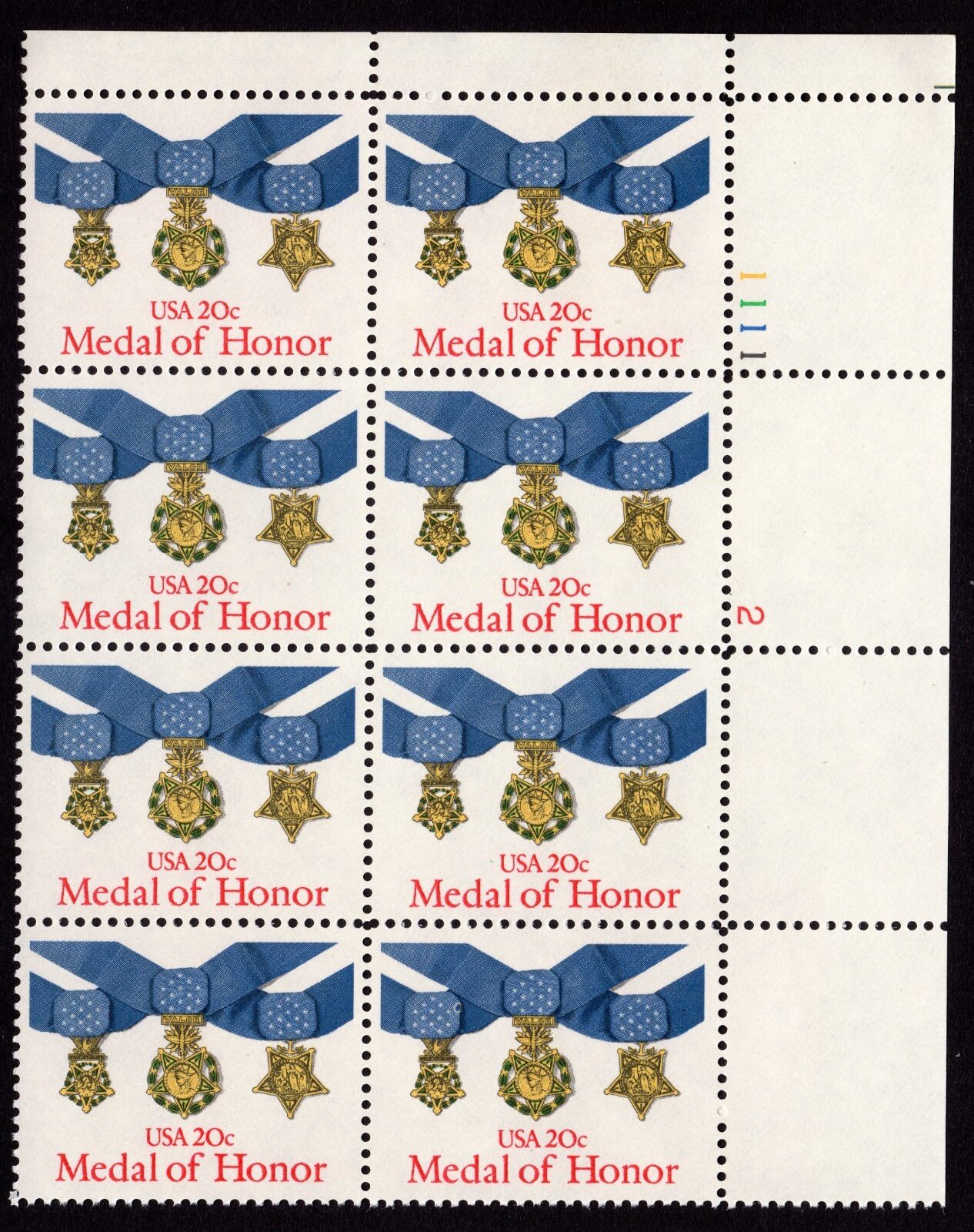 Scott #2045 Medal of Honor Plate Block of 8 Stamps - MNH UL P#1111-2
