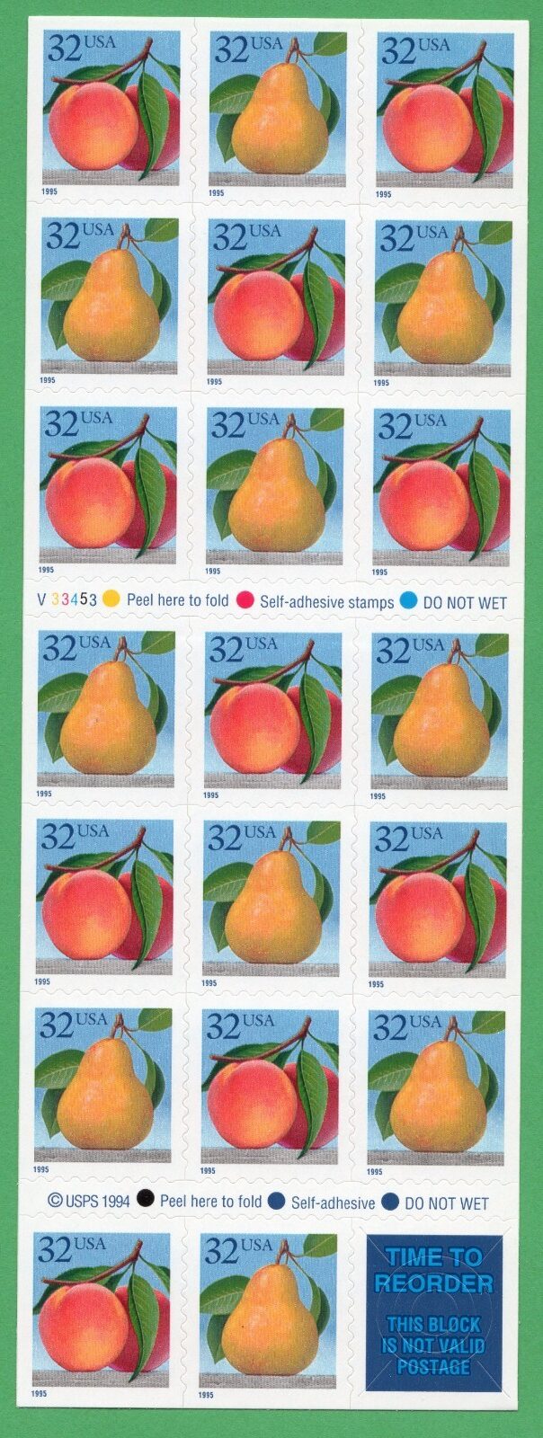Scott #2494a Peach And Pear Booklet of 20 Stamps - MNH P#V33453