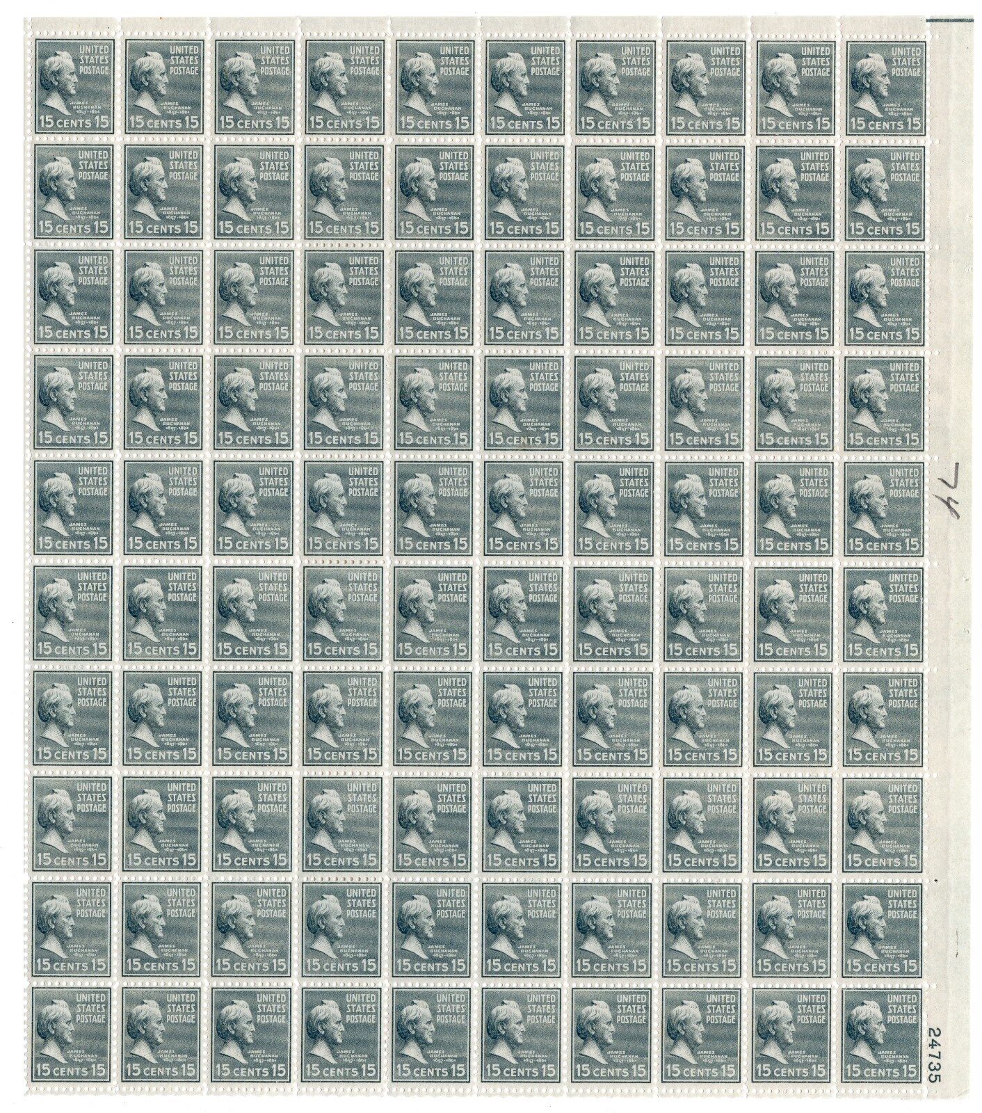 Scott #820 James Buchanan Presidential Series Sheet of 100 Stamps MNH P#24735 LR