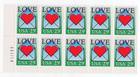 Scott #2618 Heart in Envelope Plate Block of 10 Stamps - MNH P#U32223 LL