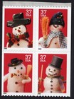 Scott #3687a Snowman Greetings - 37¢ Booklet Pane Block of 4 Stamps - MNH No Bak